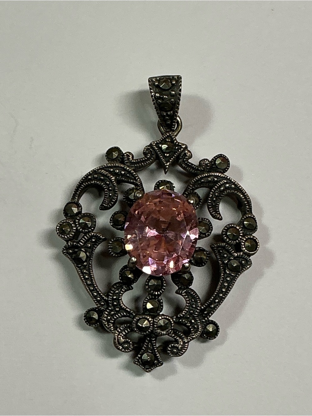 Sterling Silver Heart Shaped Pendant W/ Marcasite & Pink Faceted Stone. 1.75”